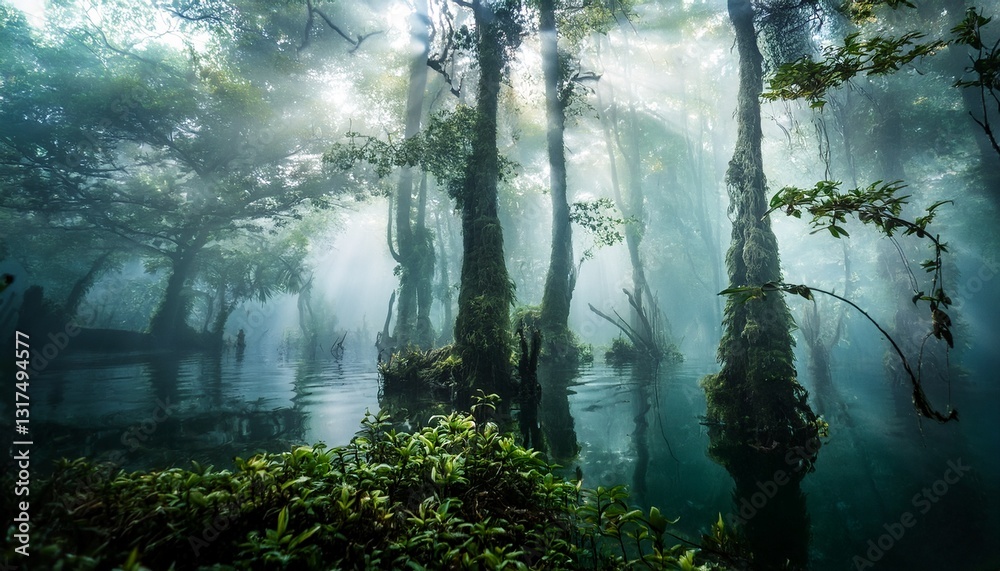 Obraz premium Un pantano brumoso exuda un ambiente místico con sus aguas ocultas, árboles cubiertos de niebla y un aura cautivadora de encanto y misterio, 4k