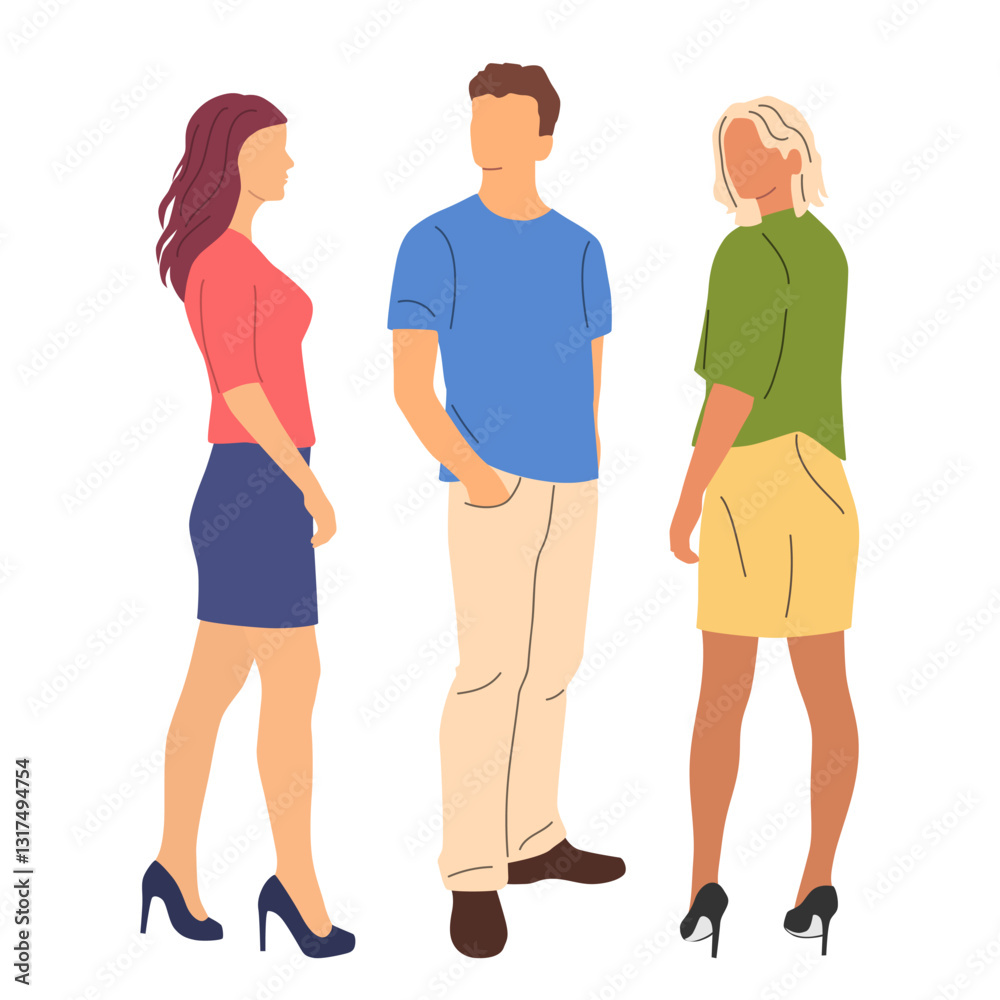 Set of young man and two women, different colors, cartoon character, group of silhouettes of standing business people, students, design concept of flat icon, isolated on white background
