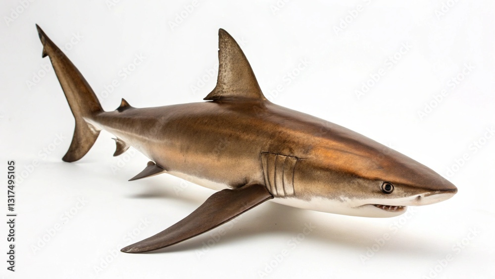 Fototapeta premium Bronze Whaler Shark in full view on white studio background