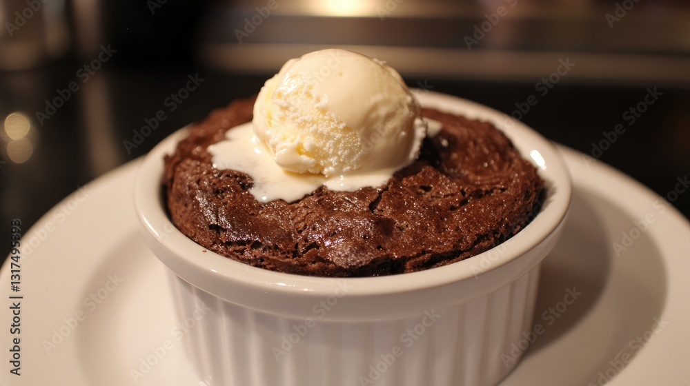 Chocolate souffle with a crispy outer layer and a gooey center, topped with a scoop of melting vanilla ice cream. Chocolate souffle with a crispy outer layer and a gooey center, topped with a scoop of melting vanilla ice cream.