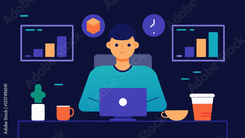 Home Office Trader A person at home in a casual setting surrounded by multiple monitors displaying cryptocurrency market movements with coffee and snacks nearby.