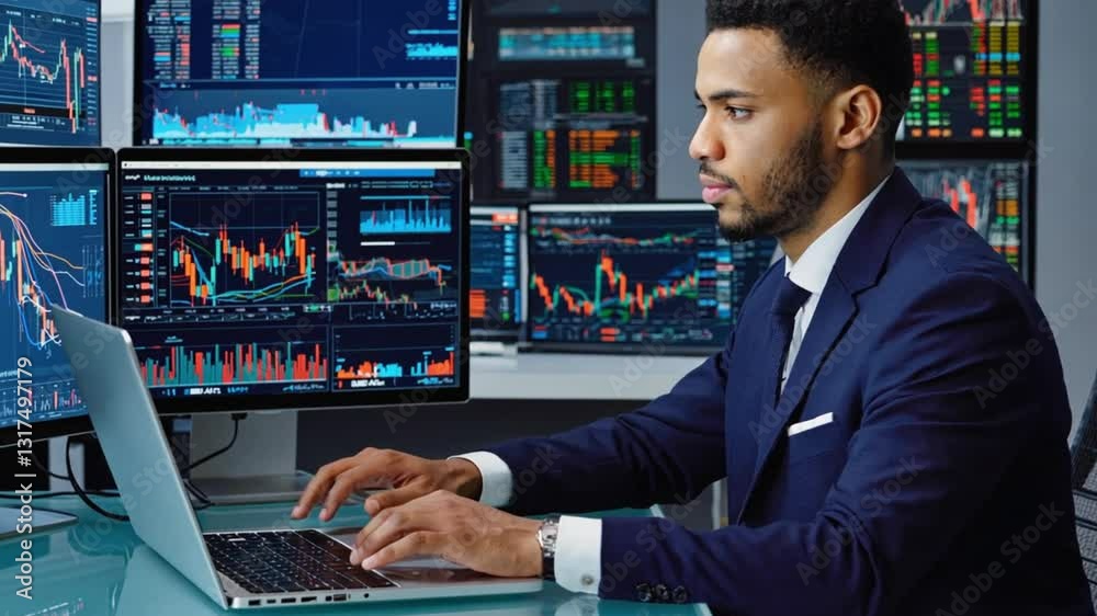 Stock Trader Analyzing Market Data on Multiple Computer Screens Stock Trader Analyzing Market Data on Multiple Computer Screens