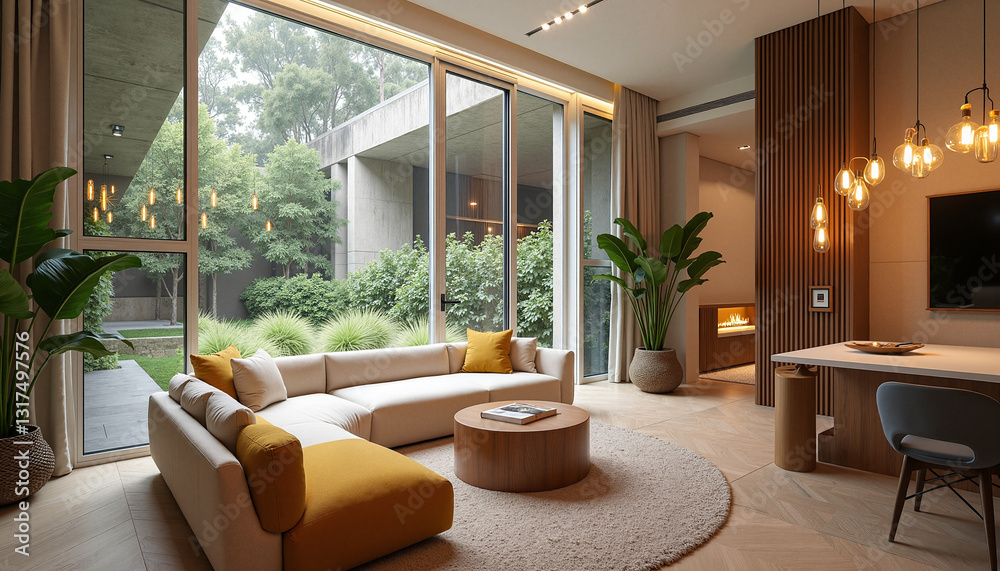 Fototapeta premium Modern living room with bright decor and large windows