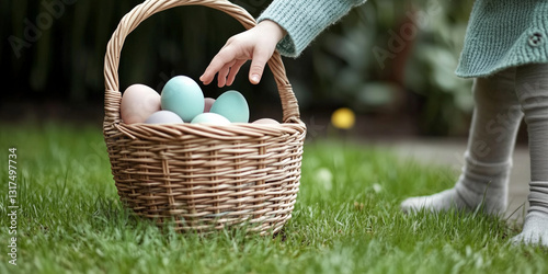 child's hand reaching into wicker basket containing Easter eggs against blurred spring meadow, Easter egg hunt, Easter celebration, Easter day, Easter tradition