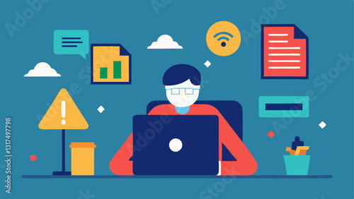 Incident Reporting A figure creating a report at a desk surrounded by graphs and warning symbols highlighting the importance of documenting and reporting cyber incidents.