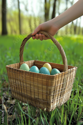 Child's hand holding wicker basket of Easter eggs against blurred spring meadow, Easter egg hunt, Easter celebration, Easter day, Easter tradition, blurred background