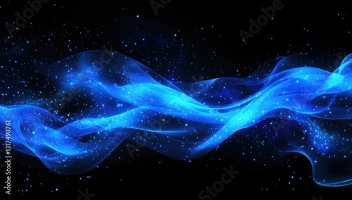 Abstract blue glowing wave with sparkles on black background.