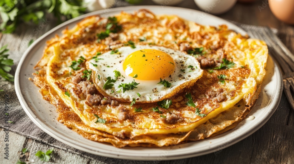 Delicious crepes with golden-brown edges, layered with crispy sausage, cheddar cheese, and topped with a runny egg yolk.