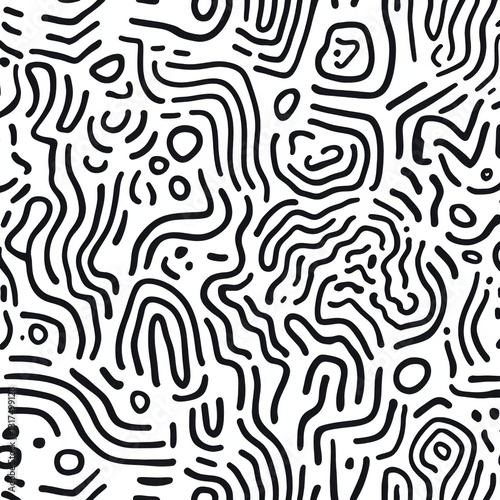 Fun line doodle seamless pattern. Creative abstract squiggle style drawing background for children or trendy design with basic shapes 