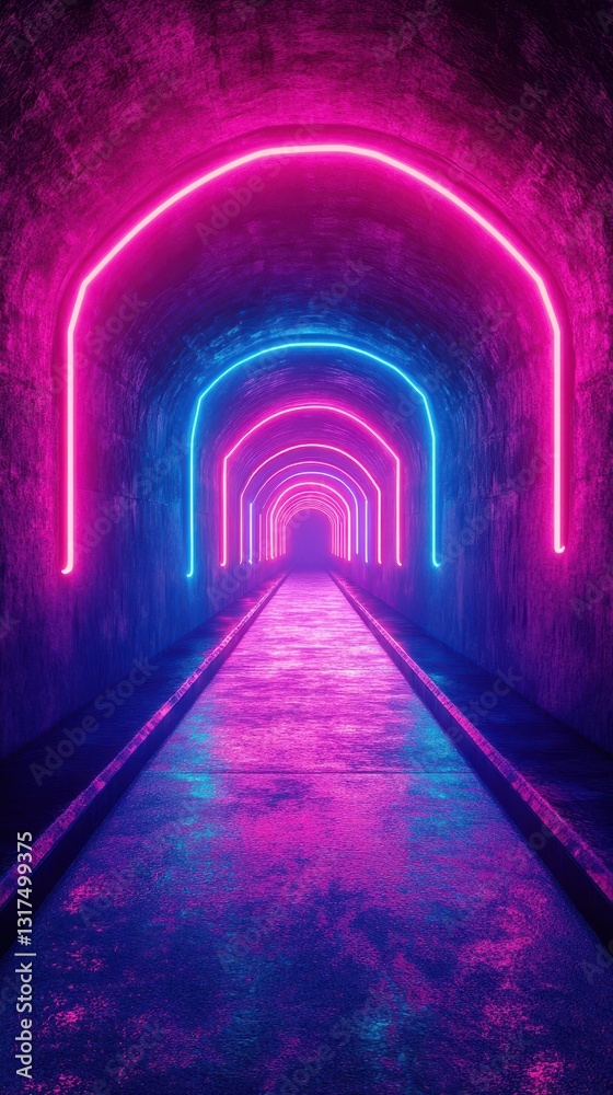 Vibrant neon lights illuminate a wet tunnel at night creating a surreal atmosphere Vibrant neon lights illuminate a wet tunnel at night creating a surreal atmosphere