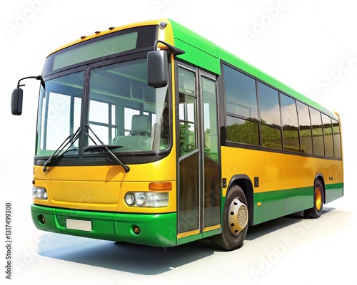 Green and yellow bus isolated on white background.