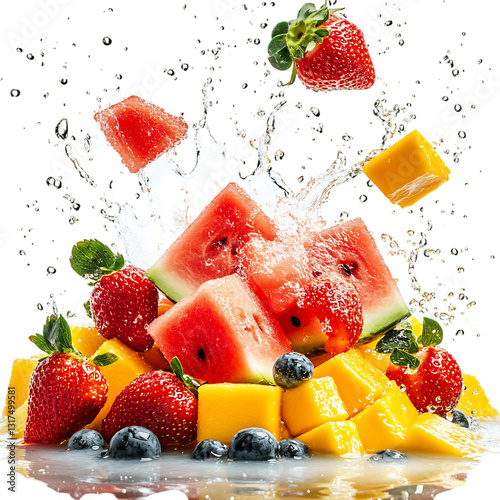 Fresh Watermelon Strawberries and Mango Scattering Isolated on Transparent Background photo