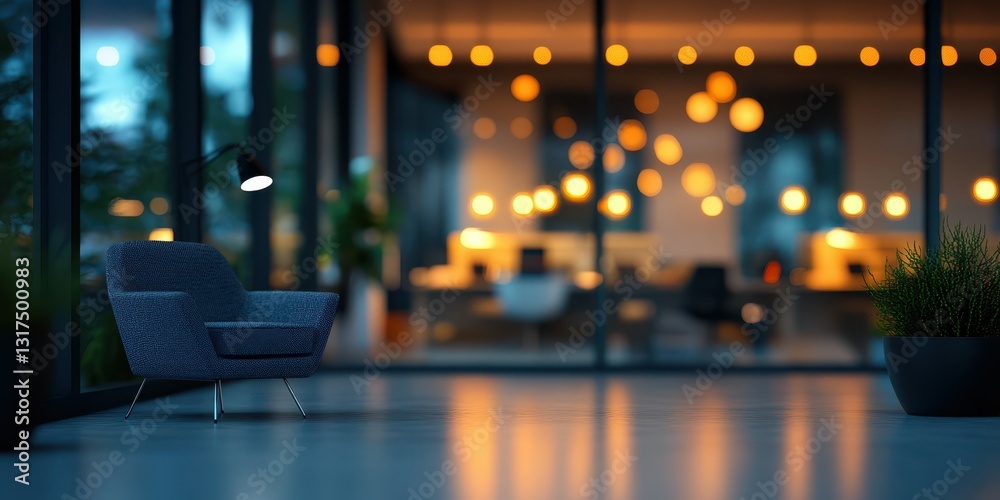 Cozy seating area with modern decor and soft lighting in a spacious office setting during early evening Cozy seating area with modern decor and soft lighting in a spacious office setting during early evening