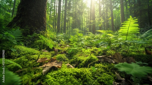 Fototapeta Naklejka Na Ścianę i Meble -  Sunlit forest floor, lush ferns, mossy ground, tranquil woods, nature background