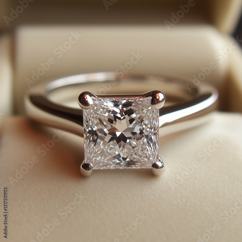 Close-up of a stunning engagement ring featuring a brilliant square-cut diamond set in a sleek polished metal band presented in an elegant display