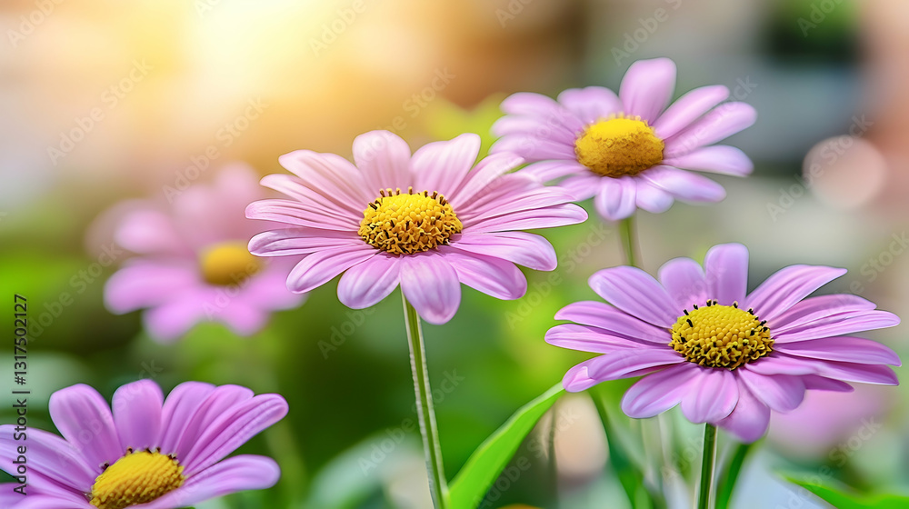 Pink daisies blooming in sunlight, garden background, nature photography for websites or greeting cards Pink daisies blooming in sunlight, garden background, nature photography for websites or greeting cards