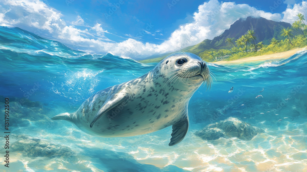 Fototapeta premium Hawaiian monk seal swimming animal hawaii mammal endangered species marine nature chuco aquatic lion character vector illustration