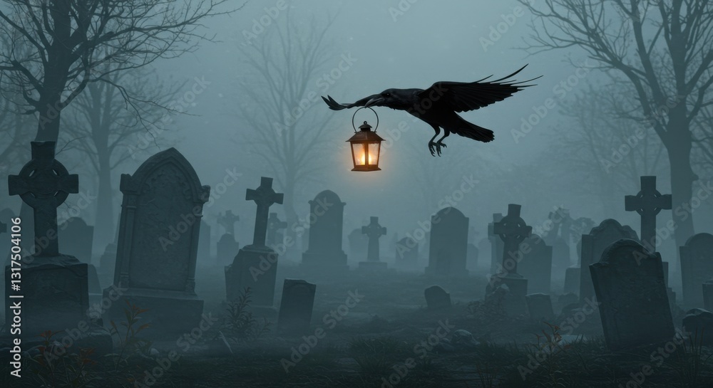 Fototapeta premium Raven with Lantern over Misty Graveyard