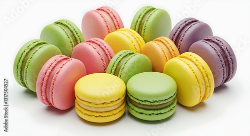 A vibrant assortment of colorful French macarons with delicate shells and creamy fillings, beautifully arranged on a white background.
