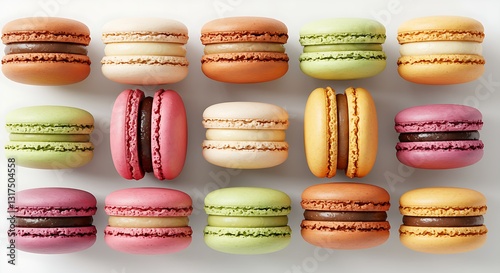 A vibrant assortment of colorful French macarons with delicate shells and creamy fillings, beautifully arranged on a white background.