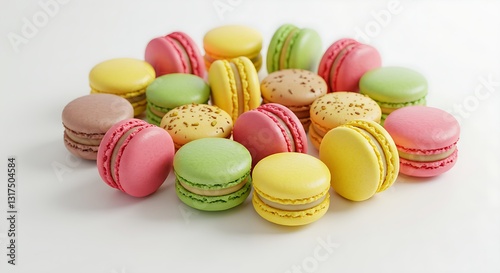 A vibrant assortment of colorful French macarons with delicate shells and creamy fillings, beautifully arranged on a white background.