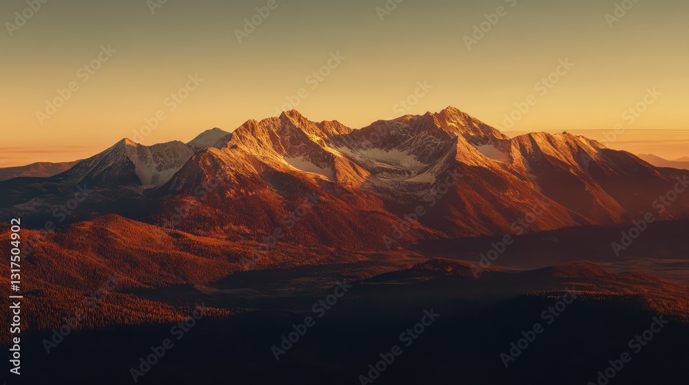 Fototapeta premium Sunset over snow-capped mountains, valley below. Landscape photography for travel brochures