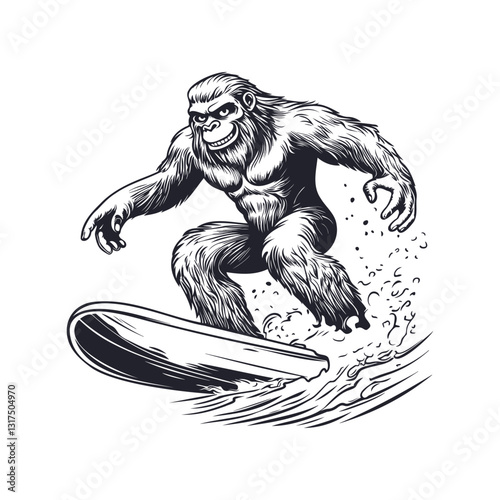 Bigfoot Surfer t-shirt design. Vector illustration.