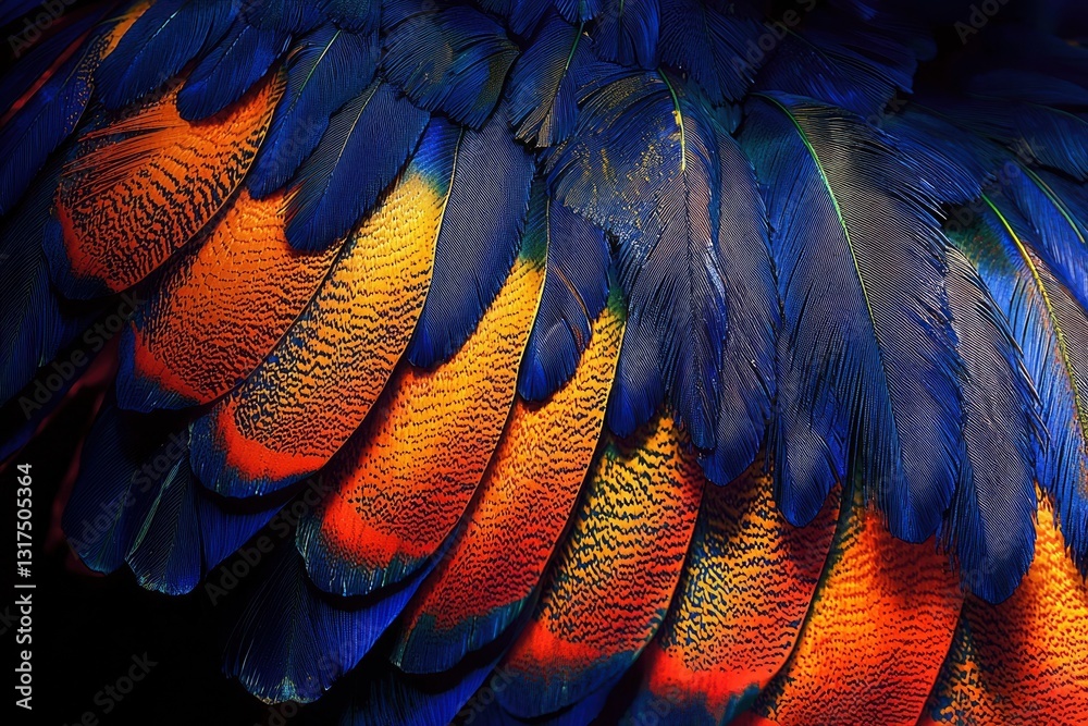 Fototapeta premium Vibrant Blue And Orange Parrot Feathers Displayed
