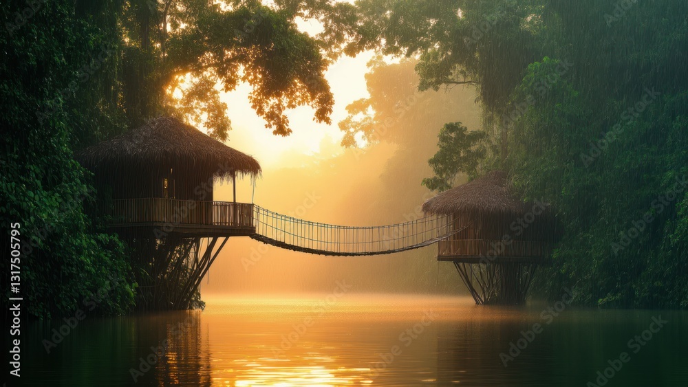Fototapeta premium Tranquil Treehouse Retreat: Serene Jungle Hideaway at Dawn with Rope Bridges