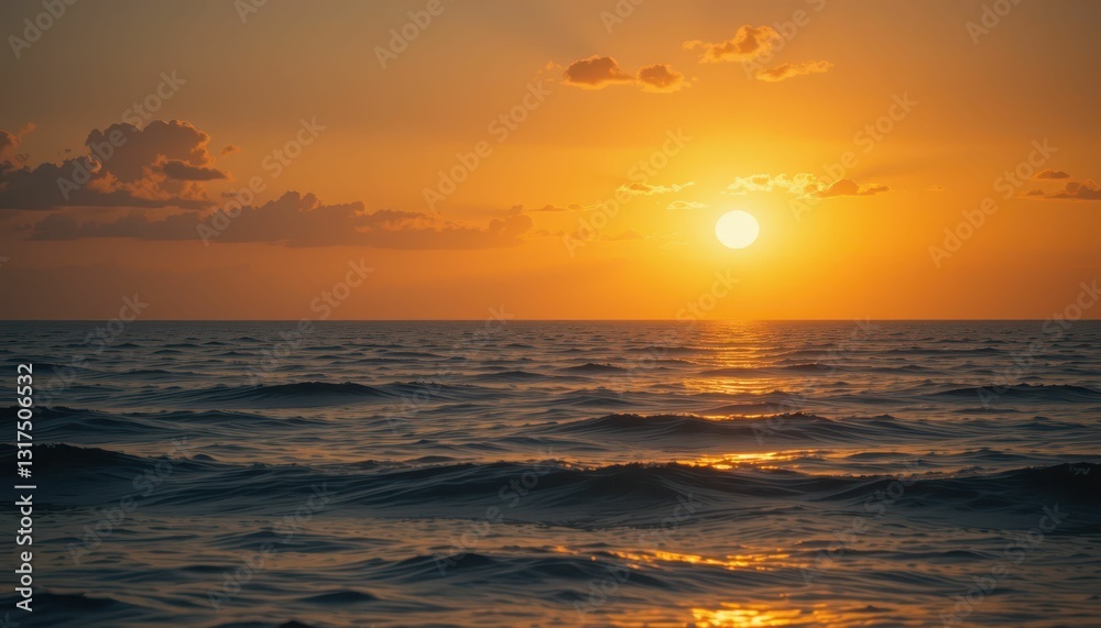 Obraz premium Serene Sunset Over Calm Ocean Waves with Warm Golden Hues