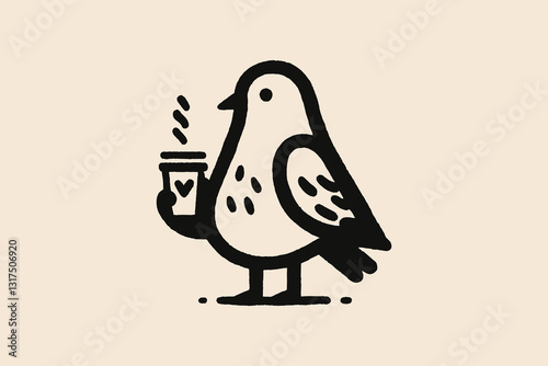Funny pigeon with coffee cup, simple line art vector