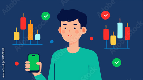 Mobile Trading A young person holding a smartphone with a cryptocurrency trading app open displaying realtime prices with green and red candlestick charts.