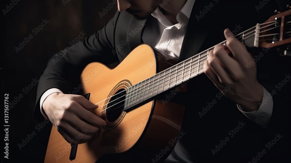 Fototapeta premium Classical Guitarist in Concert: A Close-Up