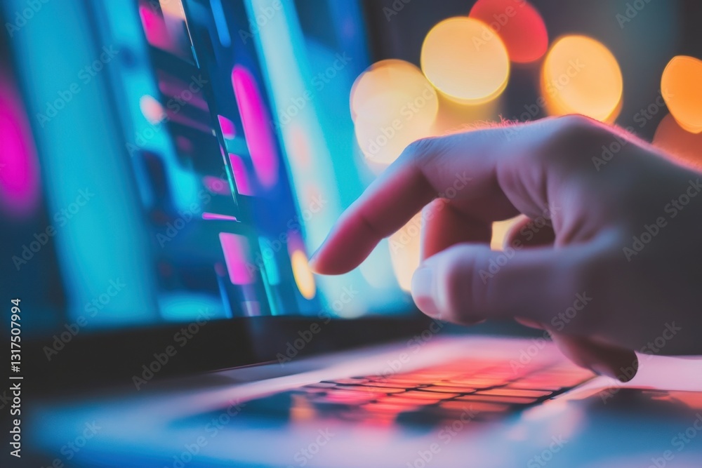 Person pressing button on computer screen with blurred background . A person interacts with a computer screen, pressing a prominent yellow button.