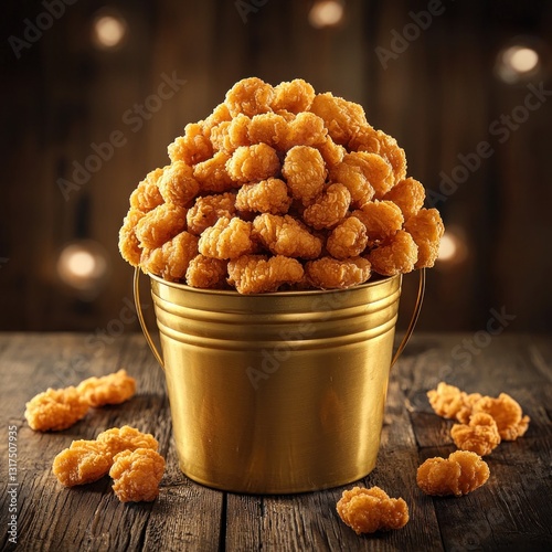 A golden bucket overflowing with crispy fried nuggets on a wood surface