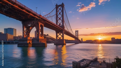 A stunning view of a bridge over a calm river at sunset, with golden reflections on the water and a colorful sky.