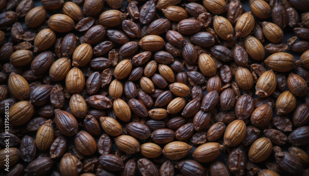 Close-up View of Various Brown Seeds on a Dark Surface Background Close-up View of Various Brown Seeds on a Dark Surface Background