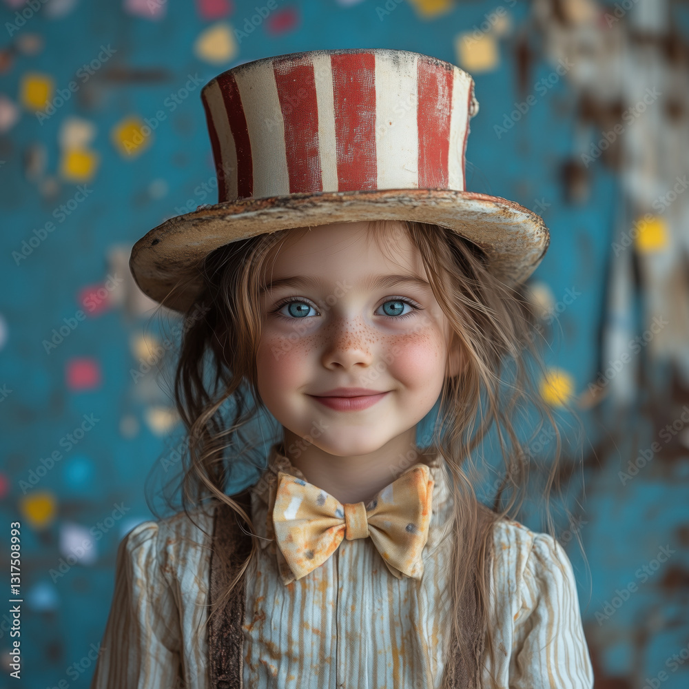 Portrait of a smiling girl in a circus hat and bow tie Portrait of a smiling girl in a circus hat and bow tie