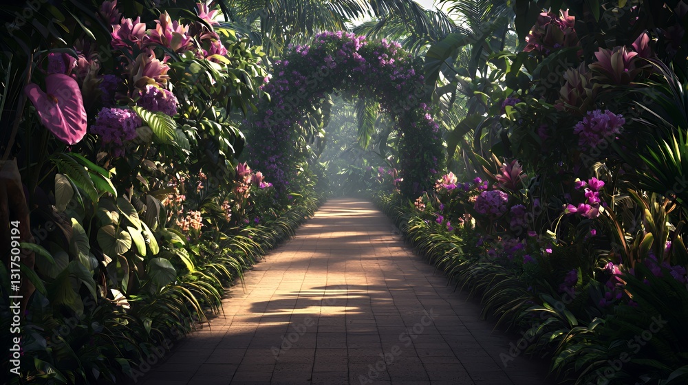 Sunlit Path Through Lush Tropical Garden with Purple Flowers Sunlit Path Through Lush Tropical Garden with Purple Flowers