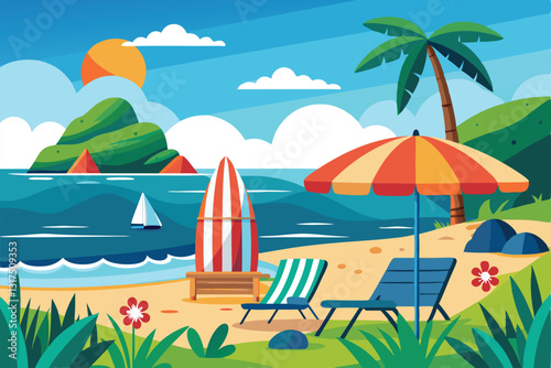 A vibrant coastal setting features a surfboard, colorful umbrella, beach chairs, and a distant sailboat, Sea or ocean coast with umbrella, surfboard and chairs,