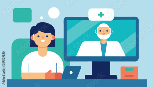 Telehealth AI Assistant A patient at home using a computer for a video call with a doctor while an AI assistant is visible on the screen helping to interpret the patients symptoms.