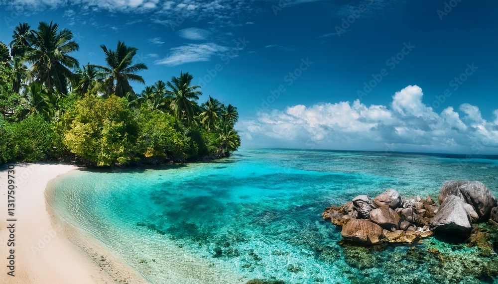 Fototapeta premium oculto en el corazón de una isla tropical, donde el verde follaje se entrelaza con las aguas cristalinas, creando una unión armoniosa entre la tierra y el mar, evocando una sensación de paraíso,