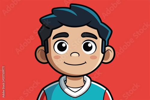 A cheerful cartoon character features a boy with dark hair, smiling against a vivid red background, Search Customizable Cartoon Illustration
