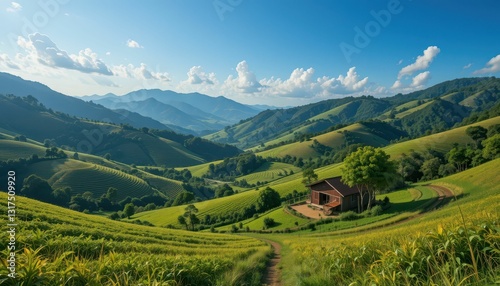 Serene Mountain Landscape with Lush Green Hills and Cozy Cabin