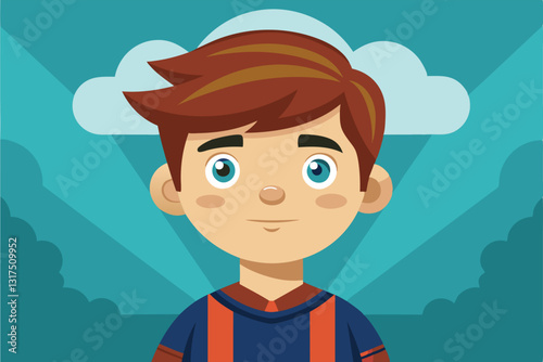 A cartoon boy with a bright smile and stylish hair enjoys a sunny day surrounded by soft clouds and greenery, Search Customizable Cartoon Illustration