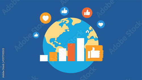 Globe with Thumbs Up A globe surrounded by thumbsup icons indicating positive consumer sentiment. Below a bar graph shows increasing investment levels in companies that align with