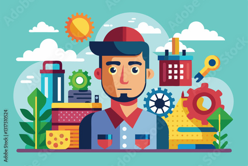 A creative person is depicted among various tools and colorful elements in a flat-style illustration, Search Customizable Semi Flat Illustration