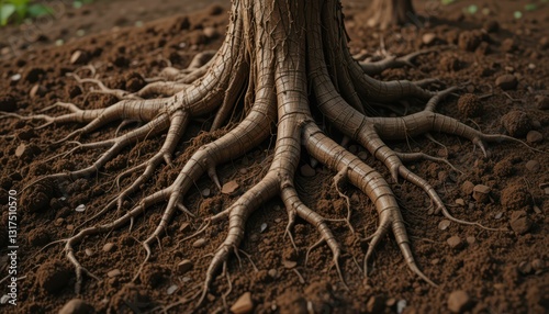 Intricate Tree Roots Growing in Rich Earthy Soil Under Natural Light photo