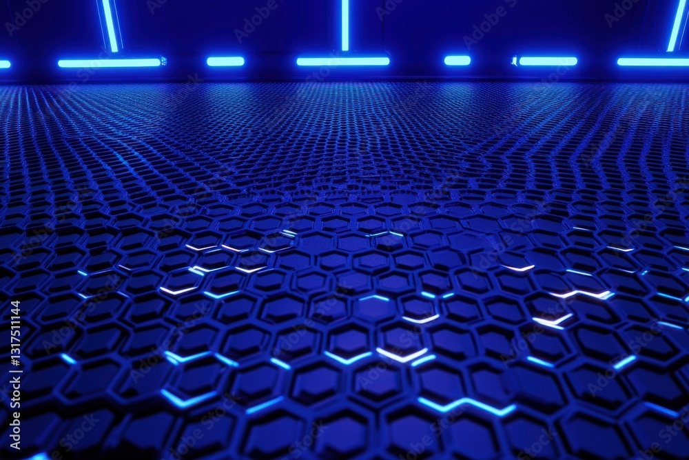 Naklejka premium Abstract blue hexagonal grid floor with neon lights.