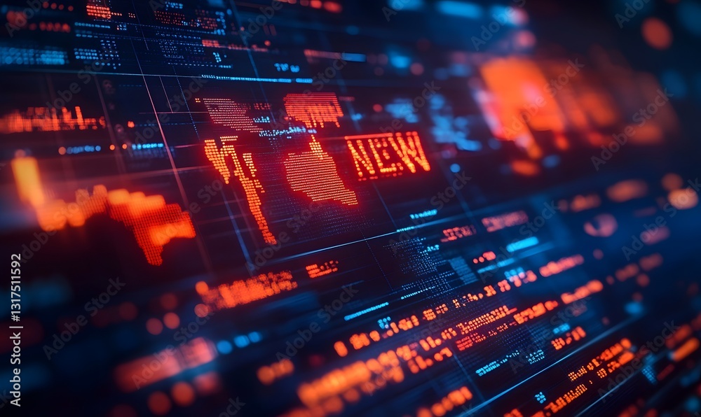 a screen with a news alert, data, and charts. a screen with a news alert, data, and charts.